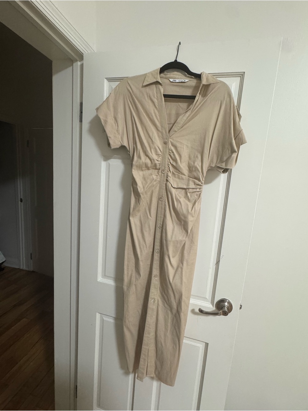 Zara Beige Button-Front Midi Shirt Dress